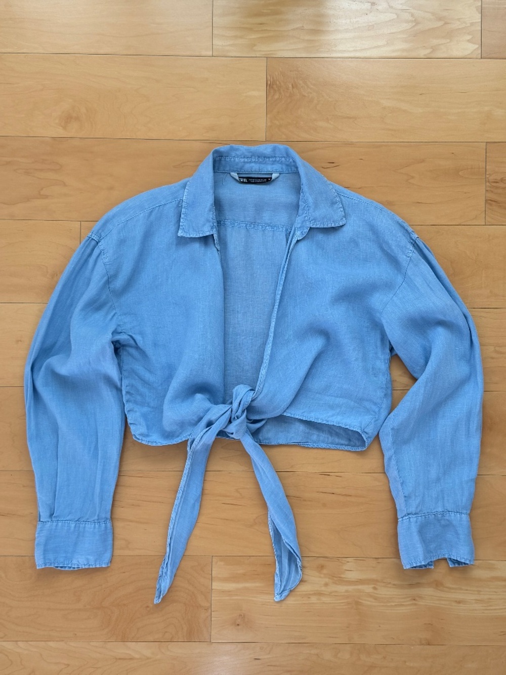 ZARA~100% Linen Light Blue Collared Cropped Top~Front Tie~Long Sleeves~Size XS - Picture 5 of 10